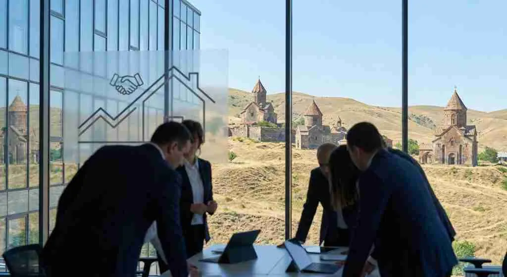 Scenic Armenian landscape featuring traditional architecture and a modern financial building, representing real estate transactions.