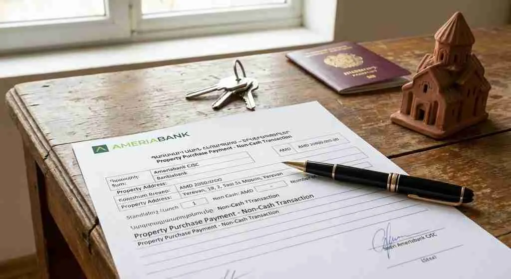 Bank transfer document and pen on a wooden desk.