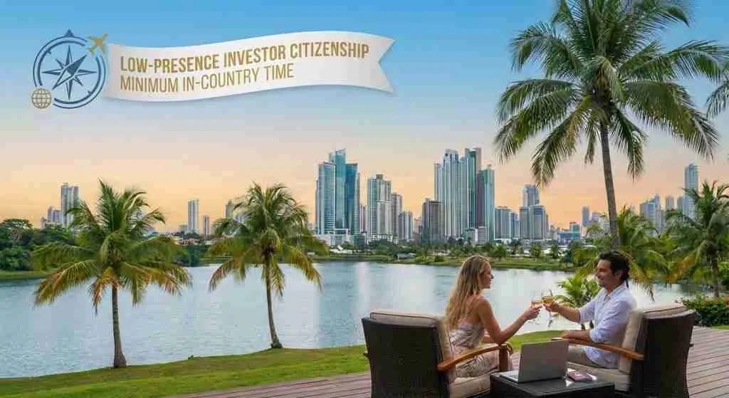 Modern skyline of Panama City with tropical trees in the foreground, symbolizing investor citizenship opportunities.