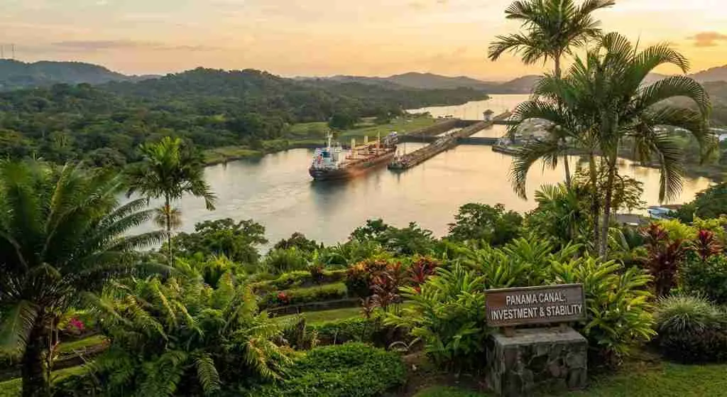 Panama Canal with greenery and clear skies, representing investment and stability.