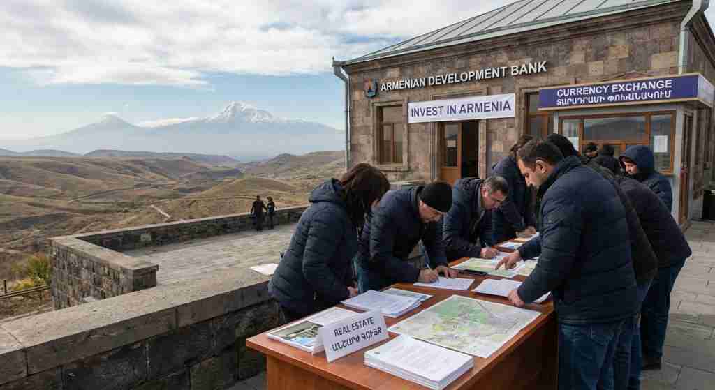 亚美尼亚风景，画面中有一座银行大楼、货币兑换处和摆放在桌上的房地产文件。