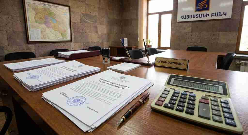 Interior kantor bank Armenia dengan dokumen dan kalkulator di atas meja.