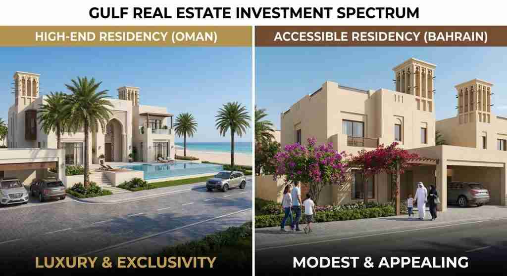 Contrasting real estate properties in Oman and Bahrain reflecting investment options.