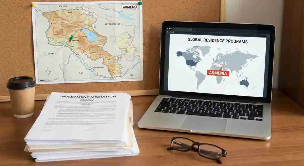 A professional workspace featuring legal documents and a map of Armenia.