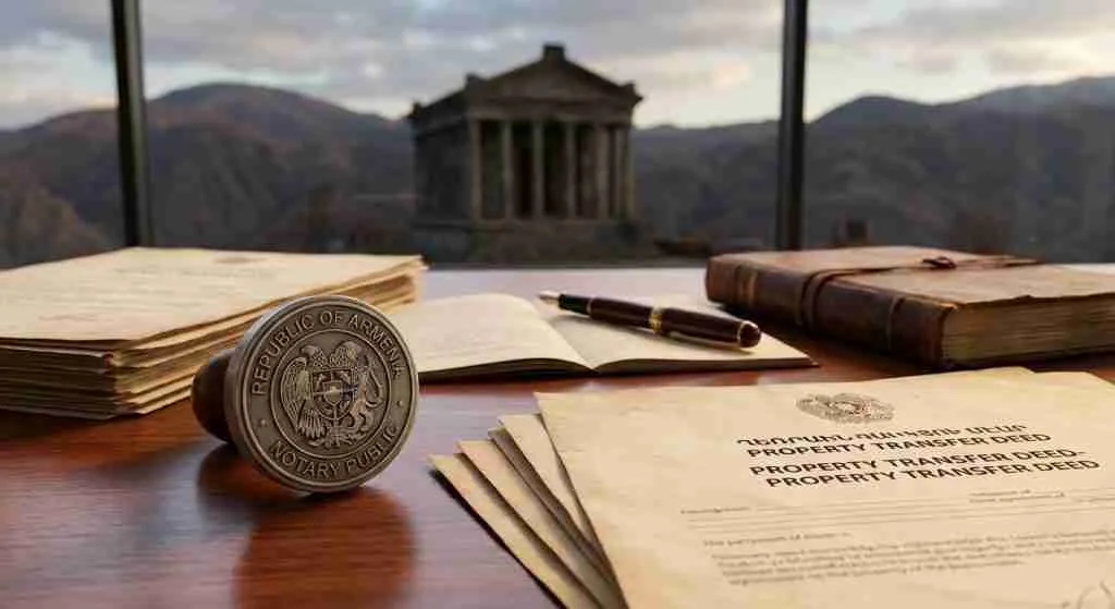 An official desk with legal documents and a notary's stamp in Armenia.