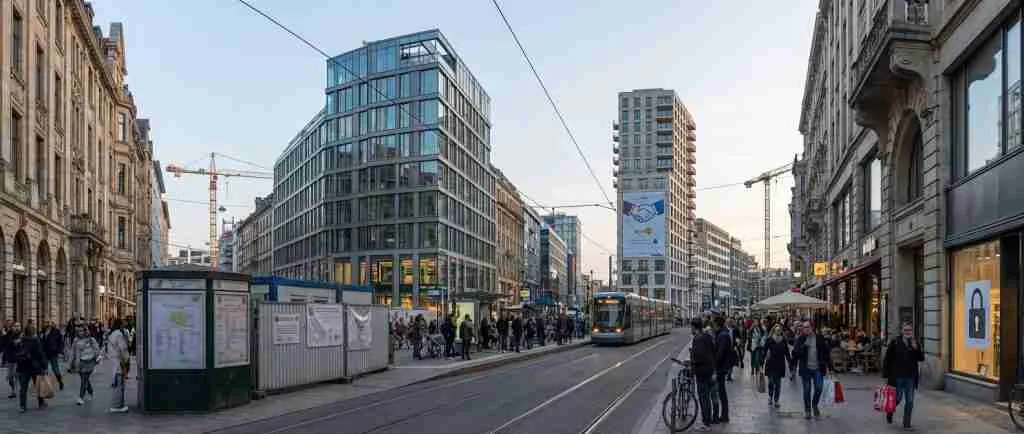 City street showcasing modern buildings with contrasting residential areas.
