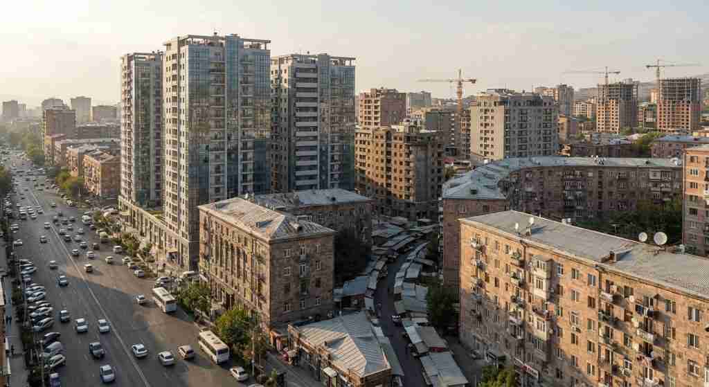 Городской пейзаж армянского города с сочетанием современной и традиционной архитектуры.