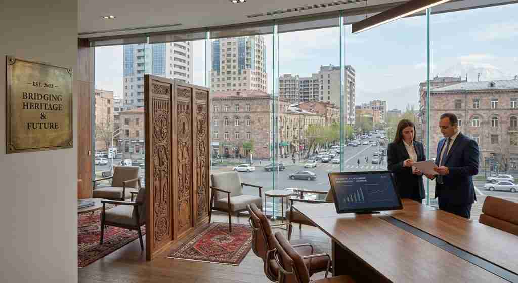 Sophisticated real estate office with urban view in Armenia, blending modern and traditional architecture.