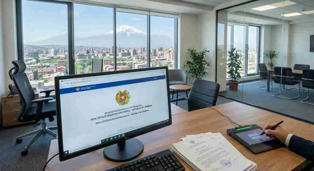 A professional workspace with a computer showing an online property registration system.
