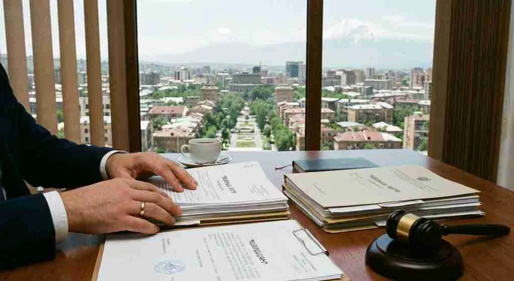 На фотографии изображены руки, раскладывающие юридические документы на столе, за которым виден армянский город.