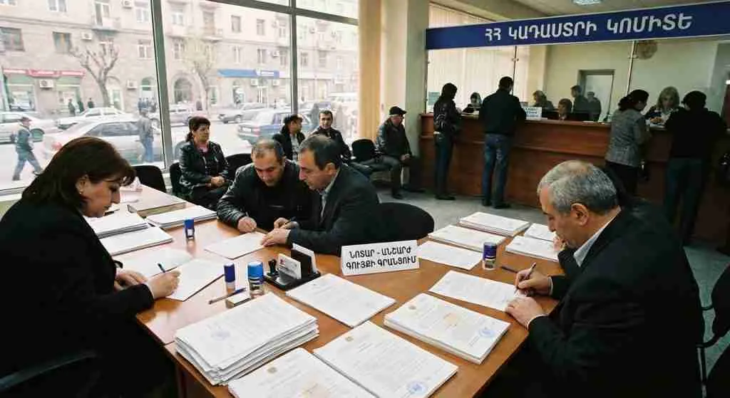Notarized property documents on a table in an Armenian office.