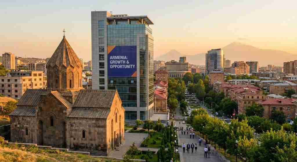 亚美尼亚城市景观，融合了历史建筑和现代建筑。