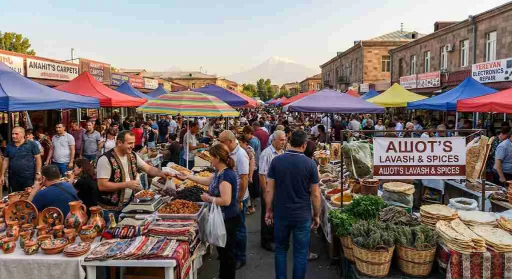 A vibrant market in Armenia with vendors showcasing goods and engaging with customers.