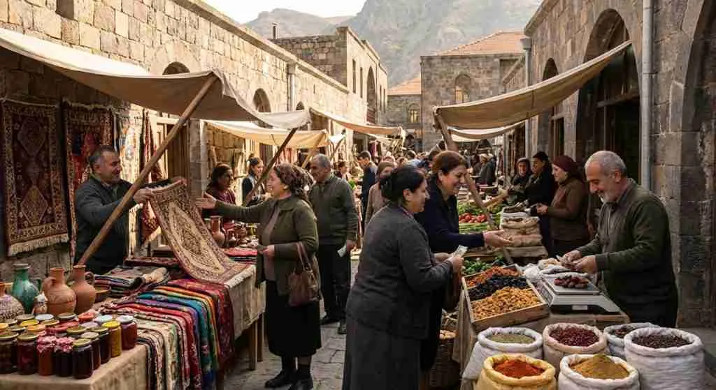 A vibrant marketplace in Armenia with various stalls and local entrepreneurs interacting.