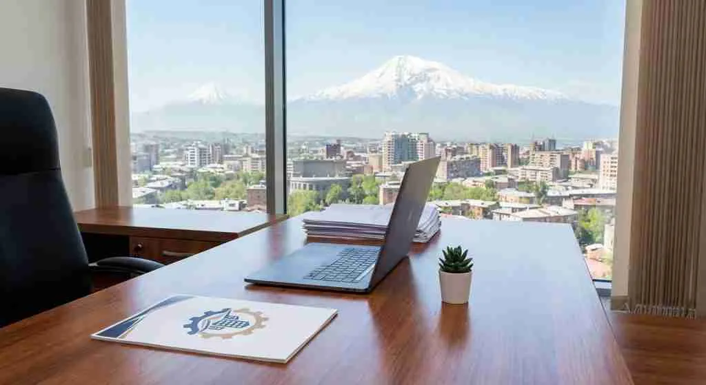 亚美尼亚的现代办公室布置,包括办公桌、笔记本电脑和绿植。