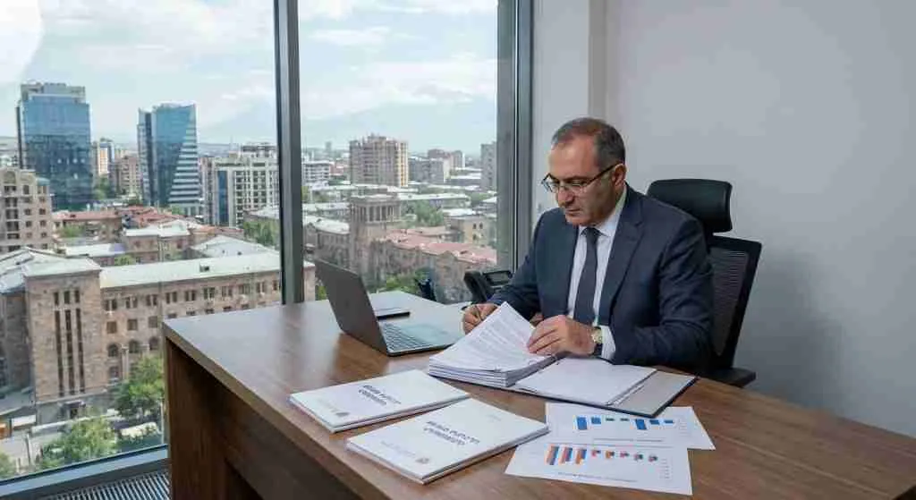 Businessman reviewing paperwork in an Armenian office with a city skyline view.