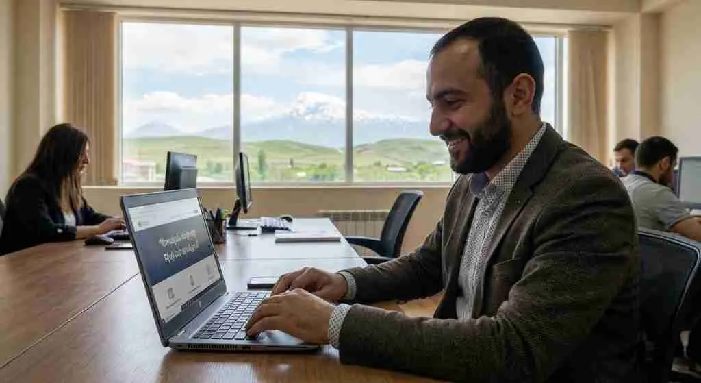 An entrepreneur working at a desk with a laptop and documents, Armenian landscapes in the background.