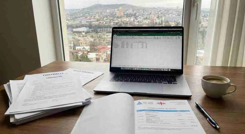Workspace with laptop, documents, and bank statement reflecting self-employment in Georgia.