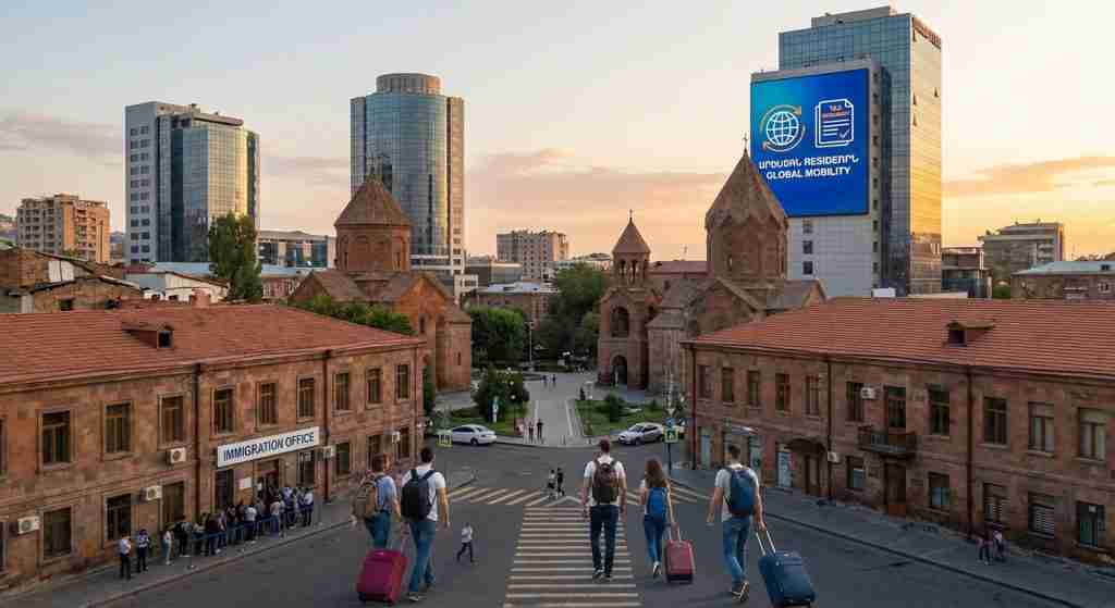Cityscape featuring modern and traditional architecture in Armenia.