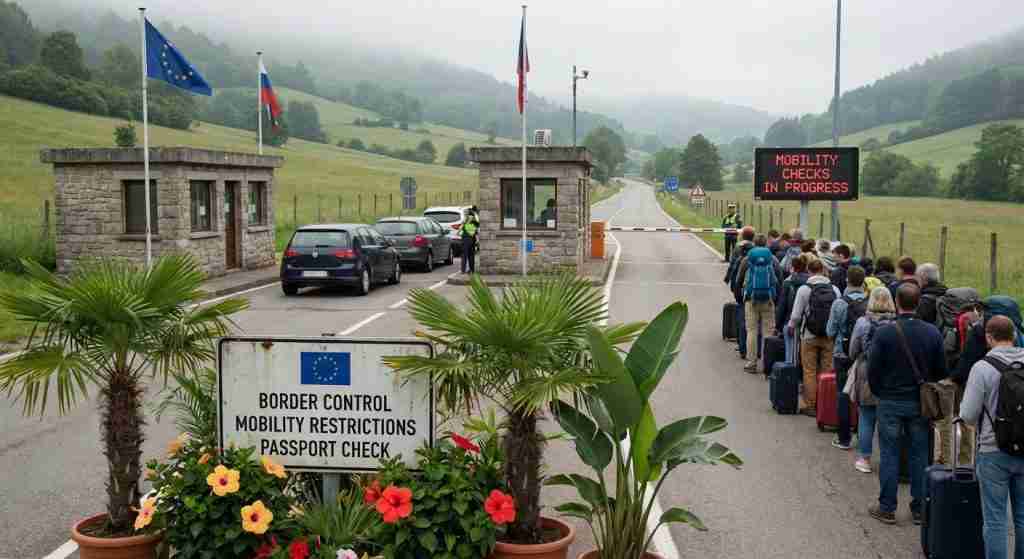 A border crossing with customs booths amid lush tropical trees, illustrating mobility concerns.
