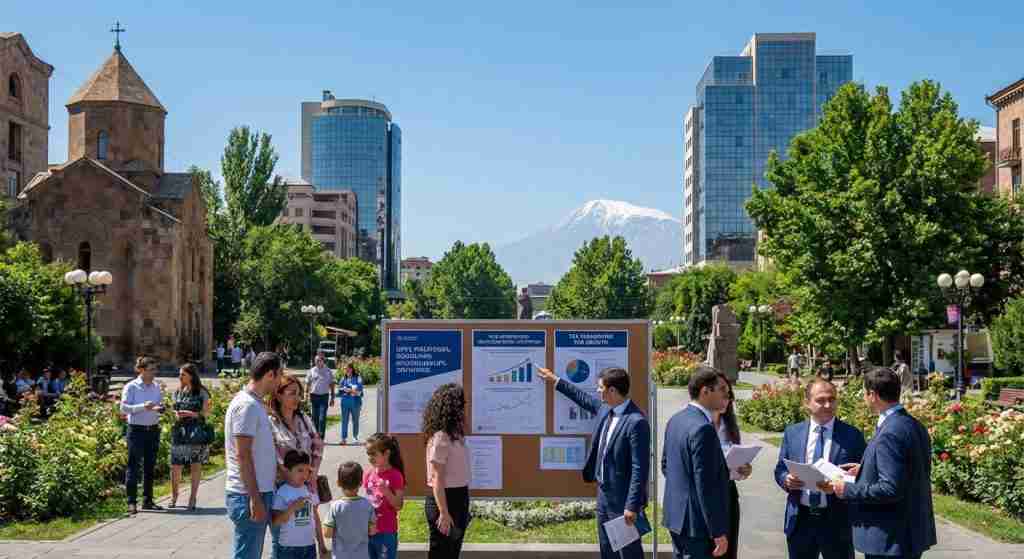 A view of Yerevan combining modern and historical architecture with people interacting in a public space.