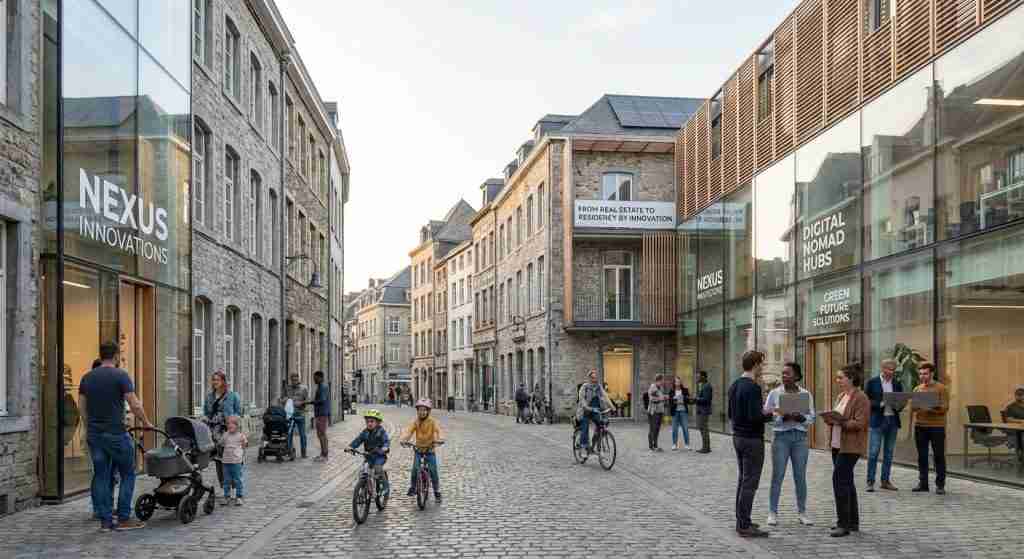 आधुनिक इमारतों और परिवारों से सजी एक हलचल भरी यूरोपीय सड़क, जो नवाचार-आधारित आवासीय परिवेश का प्रतिनिधित्व करती है।