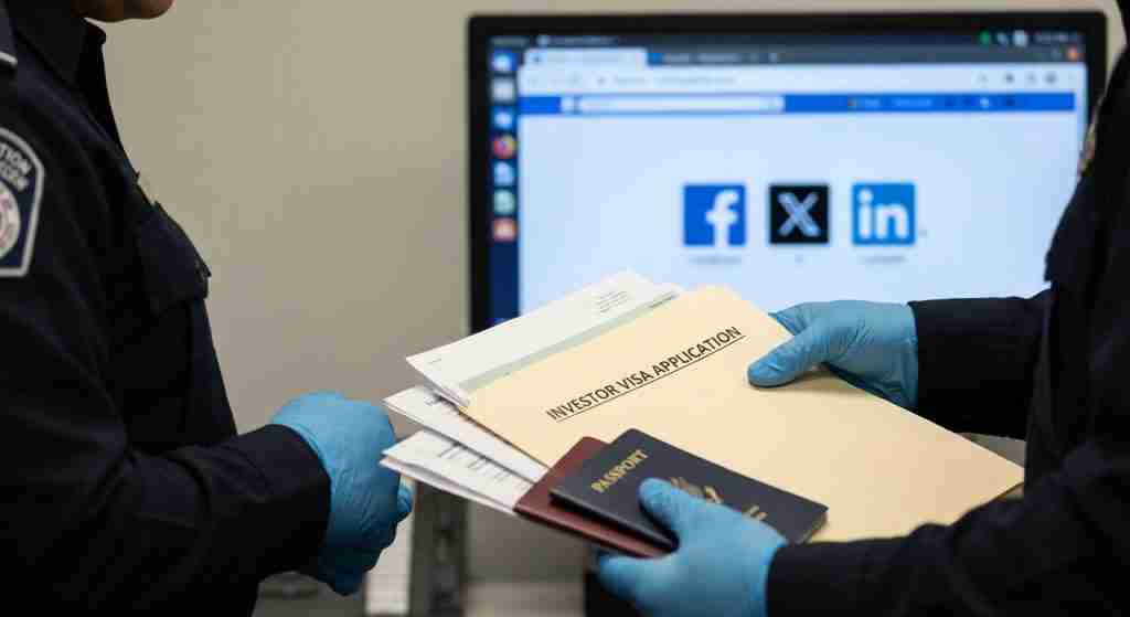 一位移民官员正在模糊地查看文件，背景中可以看到社交媒体图标。