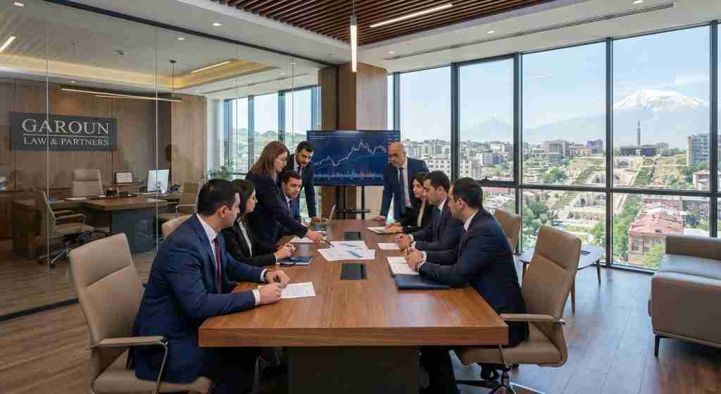 Legal professionals discuss investment strategies in a modern office overlooking Armenian architecture.
