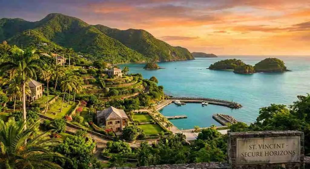 Lush coastline of St Vincent with distant offshore islands under a clear sky.