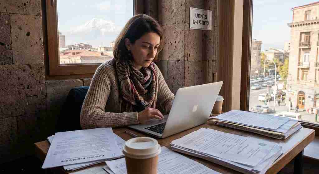 A cozy Armenian cafe interior with a desk, laptop, and scattered papers.