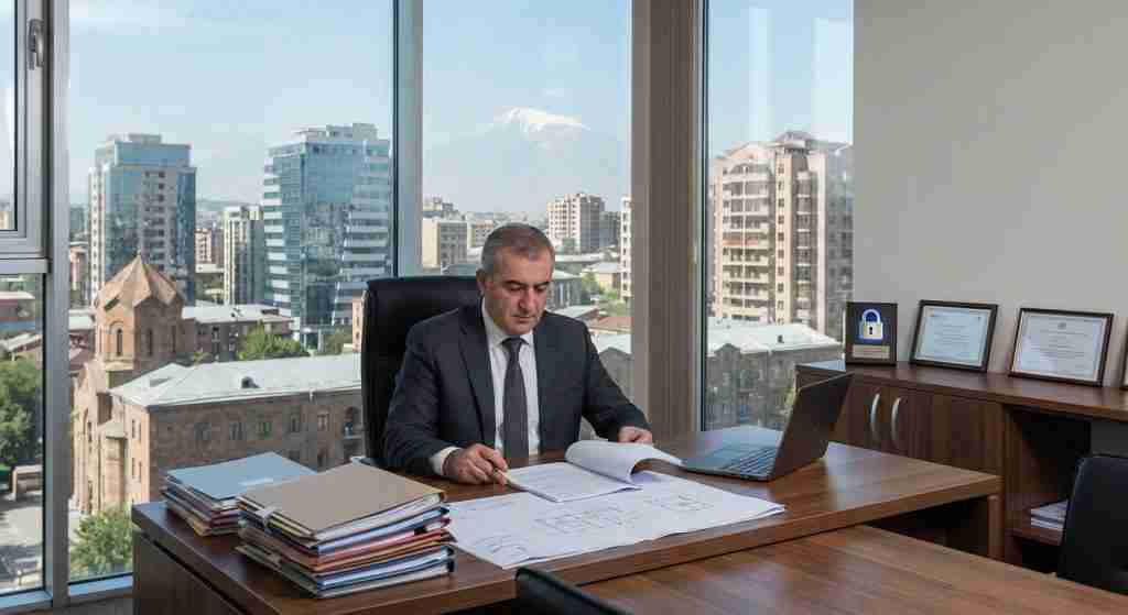 Um consultor jurídico analisando documentos de investimento com o horizonte da cidade ao fundo.