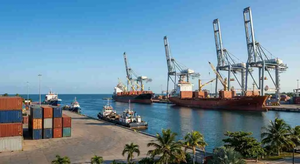 A tranquil view of a Belizean harbor with vessels and cranes against a clear blue sky.