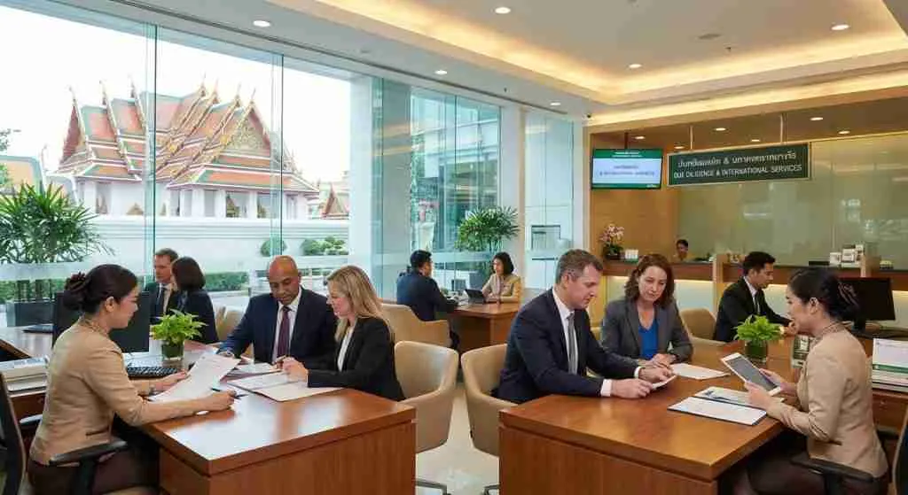 繁忙的银行内部,非本地居民在泰式建筑的背景下讨论交易。