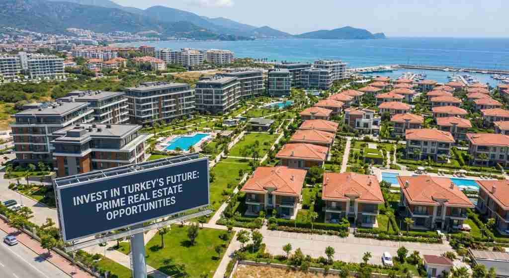 Aerial view of modern residential buildings in a Turkish city.