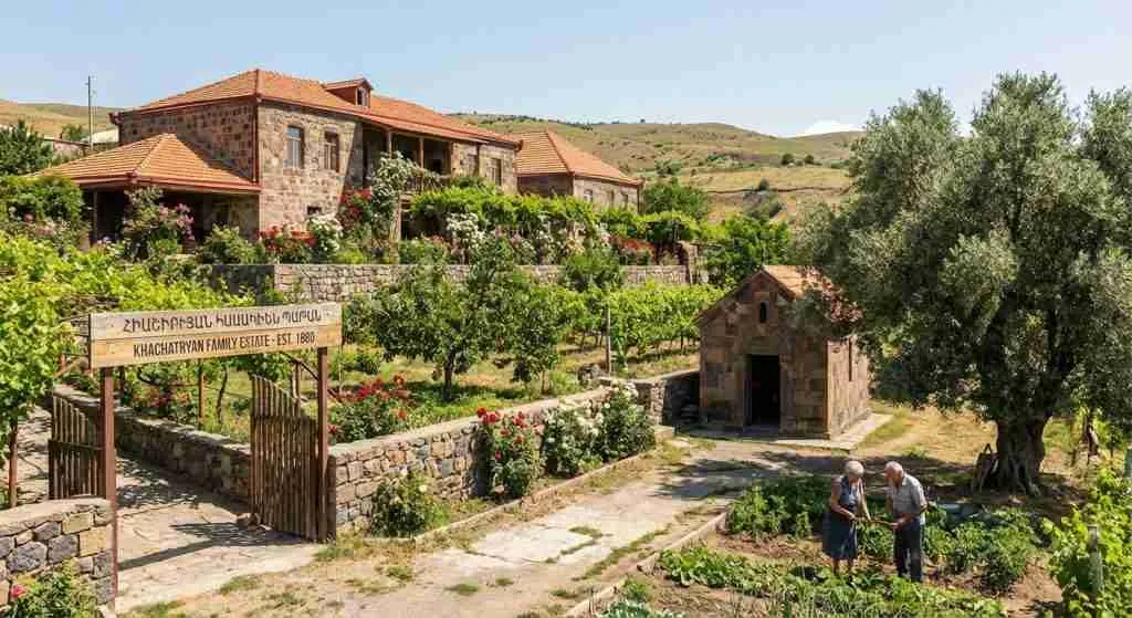 Lush gardens and well-maintained structures on a property in Armenia, showing signs of long-term possession.