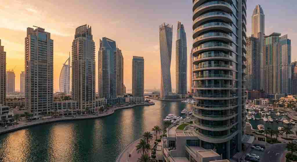 现代迪拜天际线，尽显豪华房地产开发项目风采。