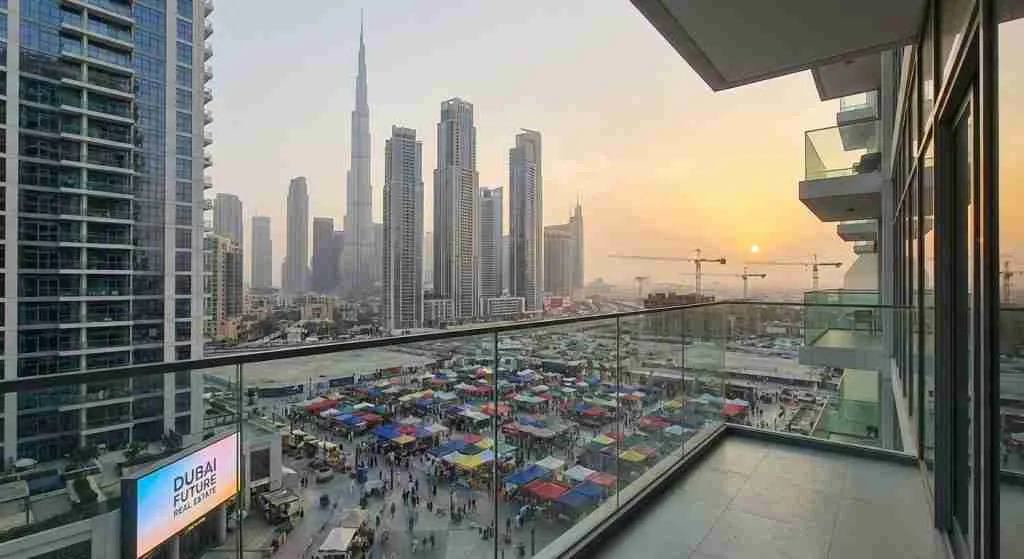 展现迪拜天际线的全景,高楼林立,起重机林立,象征着蓬勃发展的房地产市场。