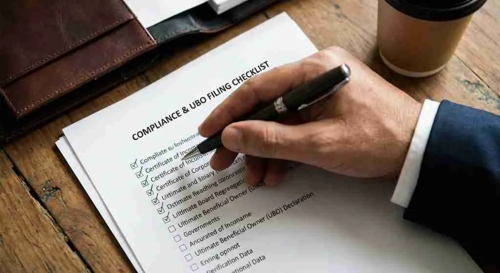 A hand with a pen checking off items on a document checklist.