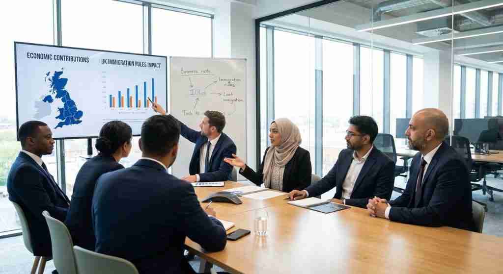 Group of professionals discussing UK immigration policies in a modern office.