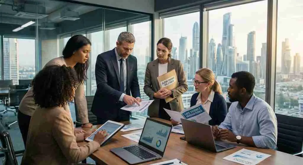 Professionals reviewing investment documents related to AI and clean energy against a city skyline.