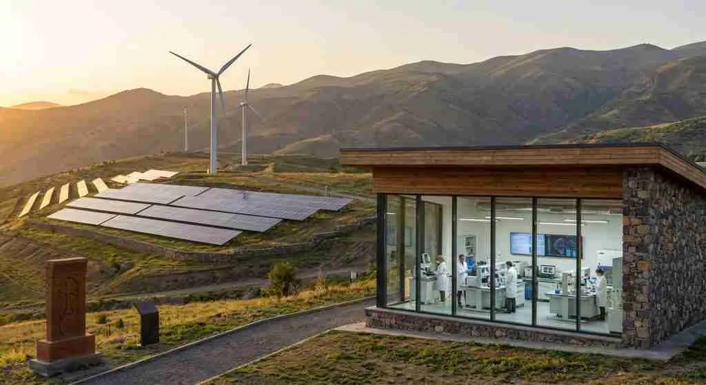 A landscape showcasing solar panels and wind turbines with a modern research lab nearby.