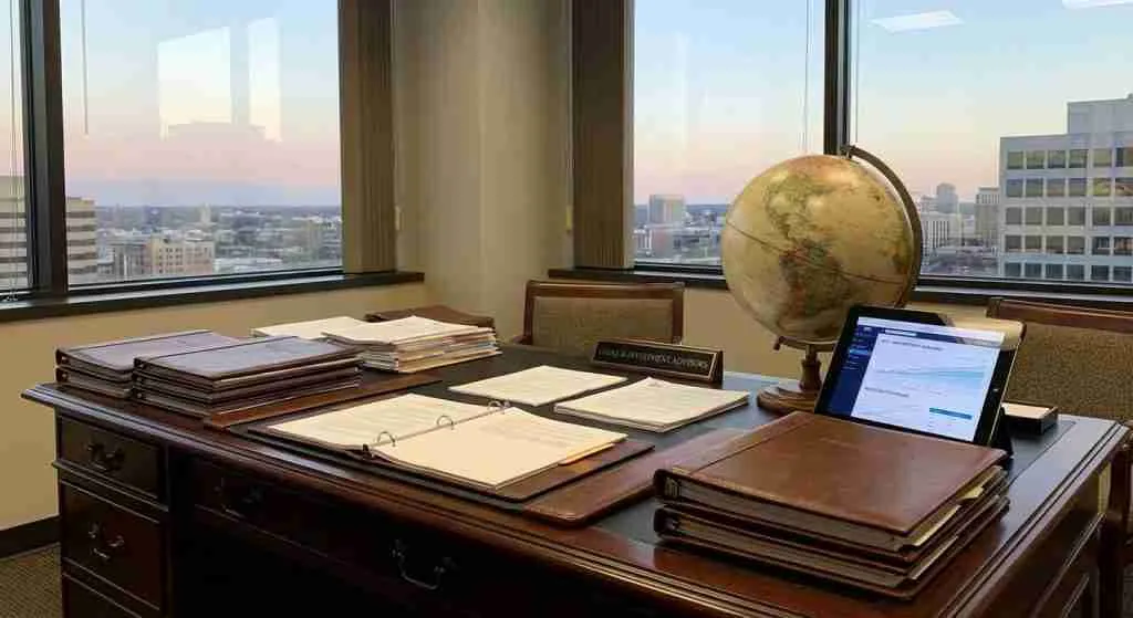 An office desk with documents, a globe, and a digital tablet displaying financial data in front of a city skyline.