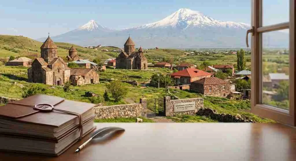 Pemandangan Armenia yang indah menampilkan arsitektur tradisional, yang menggambarkan transaksi properti.