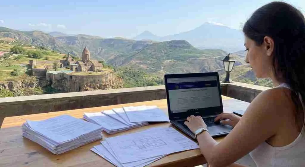 A person working on a laptop with real estate documents, against a scenic Armenian backdrop.