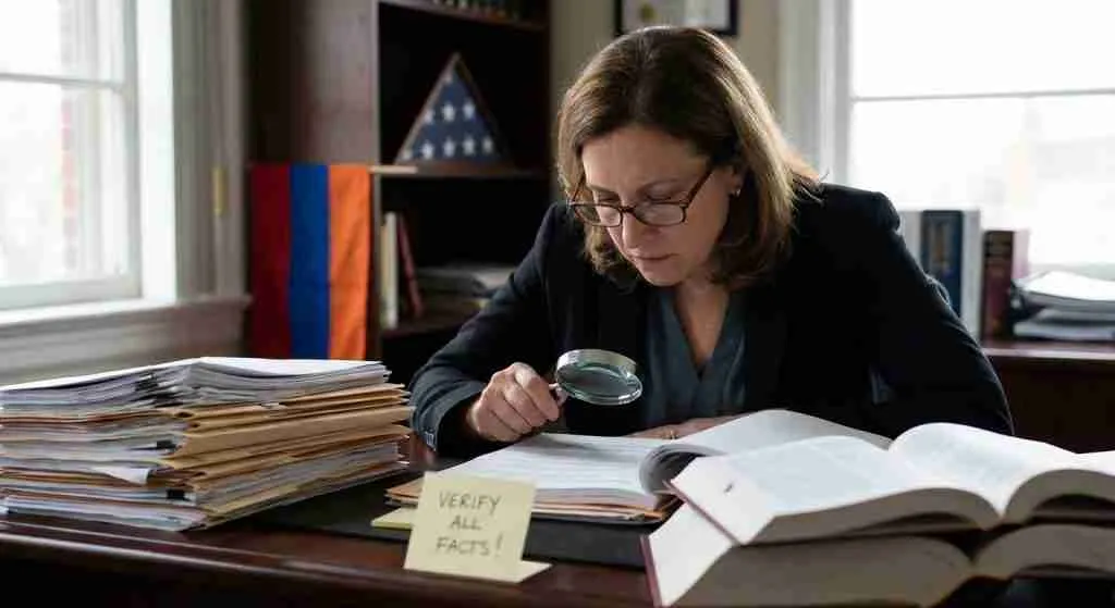 A lawyer at a desk reviewing legal documents, symbolizing verification.