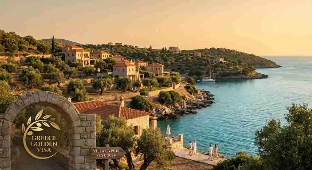 Mediterranean coastline with villas and olive trees, embodying investment opportunities.
