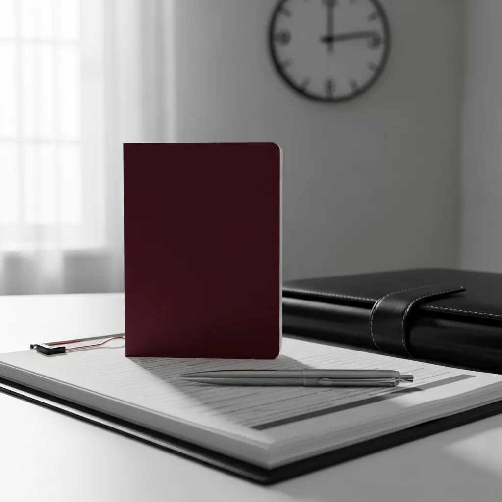 Burgundy passport-style booklet on a tidy law office desk with papers and pen, morning light.