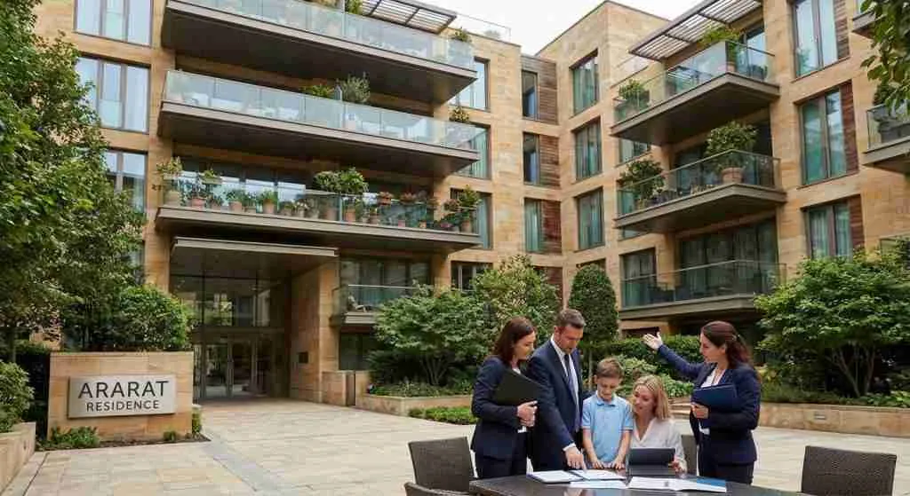 Modern Armenian apartment building with greenery, families discussing.