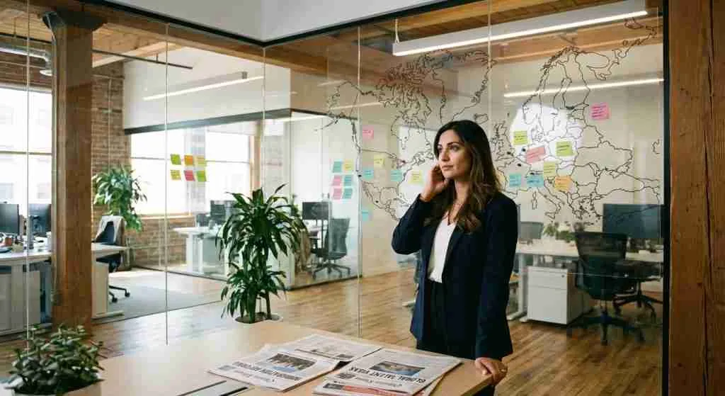 Entrepreneur analyzing a map in an office setting, reflecting on immigration changes.