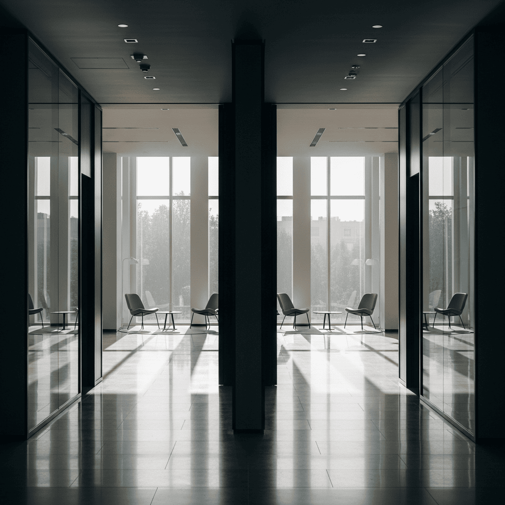 Modern office corridor splitting into two sunlit hallways with polished stone and glass.